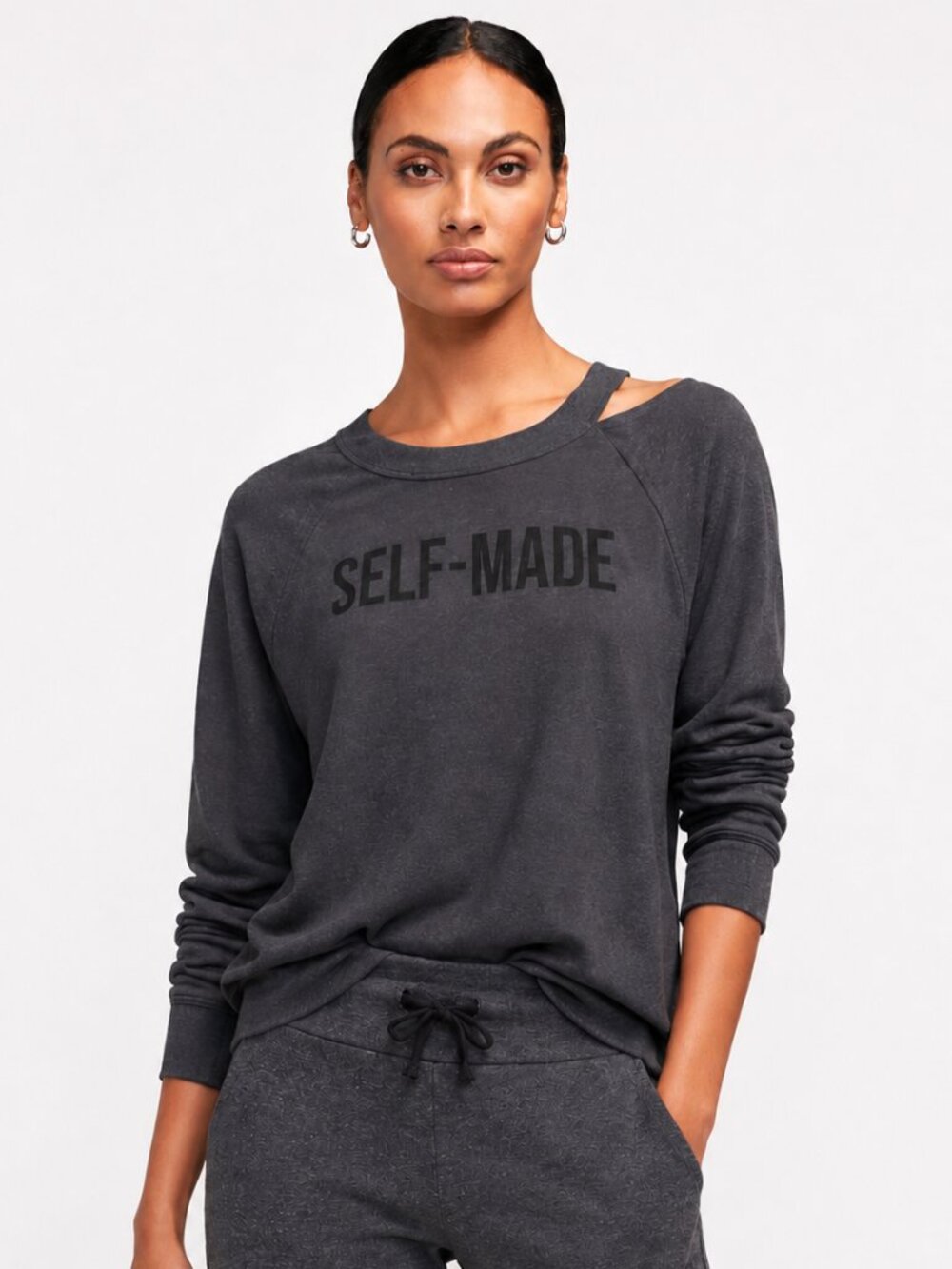 Wildfox Self Made Cut Out Sweatshirt Asphalt Grey Stretch Knit Size S NWT